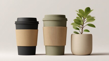 Three takeaway coffee cups with cardboard sleeves, a plant in a pot