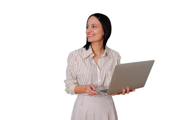 Confident businesswoman smiling, standing, holding laptop, working remotely, looking away, with transparent background