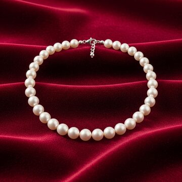 A beautiful strand of lustrous white pearls is elegantly draped on a rich, deep red satin fabric.