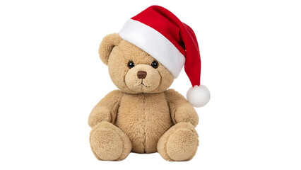 Brown teddy bear, wearing red santa hat, cutout, PNG isolated on transparent background