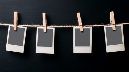 Four polaroid frames hanging on a rope illustrating visual storytelling and the concept of capturing sequential moments.
