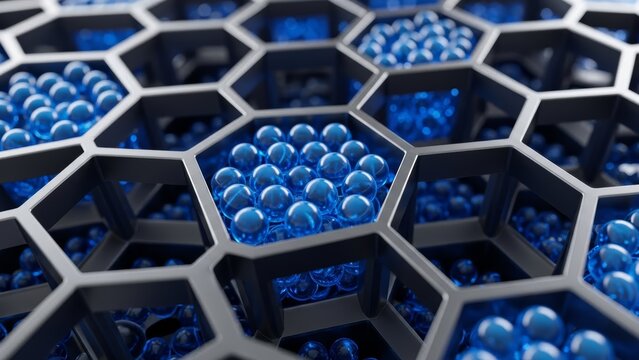 Close-up view of a hexagonal molecular structure filled with small blue spheres, representing a scientific or technological concept. - Powered by Adobe