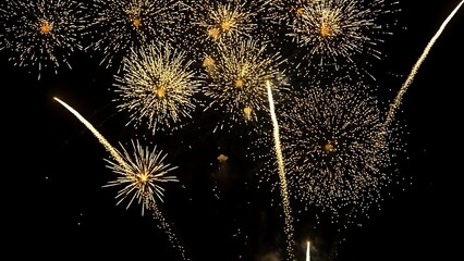 Colorful pyrotechnics explode in the dark night sky during a festive July Independence Day celebration featuring a bright display of red and blue firework lights