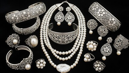 Elegant silver diamond necklace and earrings set against a black background featuring luxury jewelry accessories like gold bracelets and pearl beads for a precious wedding gift of pure beauty