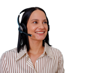 Call center operator wearing headset, smiling while providing friendly customer service and support, transparent background
