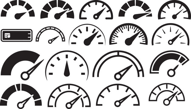 Diverse Black Vector Gauge Icons Set: Measuring Speed, Performance, and Progress for Digital Dashboards, UI, and Data Visualization.