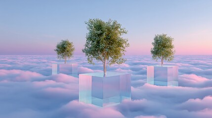 Three trees atop glassy blocks float above soft, pink-tinged clouds at dawn