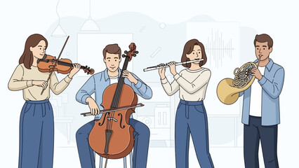 Fototapeta premium group of musicians playing classical instruments together in a cozy indoor setting