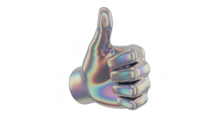 Shiny holographic thumb up gesture isolated on a transparent background