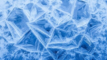 A macro design of a blue ice texture reveals a natural frosty pattern on window glass, featuring frozen crystal flakes and icy winter backgrounds perfect for a cold season wallpaper
