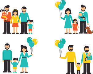 Set of diverse family character icons including traditional and gay parents with children, flat vector illustration isolated on white.