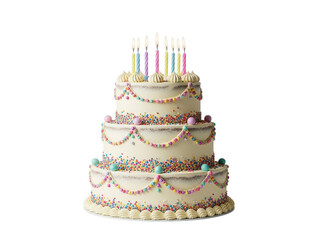 Three Tiered Birthday Cake with White Frosting and Colorful Decorations three tiered cake