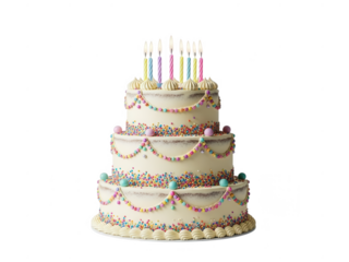 Three Tiered Birthday Cake with White Frosting and Colorful Decorations three tiered cake