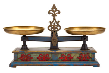 Ornate vintage balance scale with gleaming brass pans and a beautifully painted wooden base, symbolizing justice, historical measurement, and equitable precision