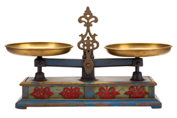 Ornate vintage balance scale with gleaming brass pans and a beautifully painted wooden base, symbolizing justice, historical measurement, and equitable precision