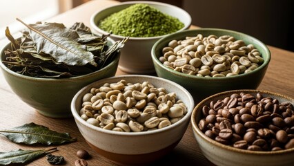 Five bowls showcasing various stages of coffee beans and tea leaves, from raw to roasted and powdered forms.