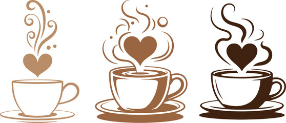 Three coffee cups with hearts and steam on in brown tones