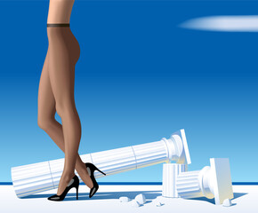 Slender female legs in brown tights and black high-heeled shoes, and lying white antique columns against a blue sky and a strip of sea. Vector illustration in 3D style