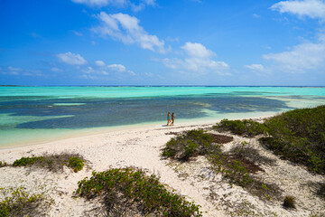 Sorobon Beach in Lac Bay, a tropical lagoon with shallow turquoise waters on the southeast coast of...
