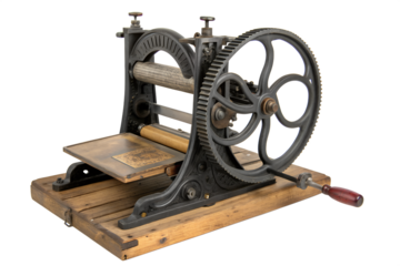 Well-preserved vintage cast iron printing press on a wooden base, a classic piece of industrial history and traditional letterpress technology