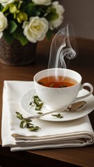 Steaming hot tea in an elegant white teacup with loose leaves and a spoon on a napkin, with white flowers in the background.
