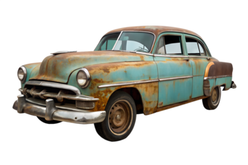 Vintage rusty turquoise automobile from the 1950s, showcasing retro design and classic Americana on a white background