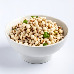 Elevated view showcasing adlay millet seeds interspersed with verdant greens presented on a stark white background