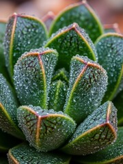A close-up view of a vibrant green succulent plant covered in sparkling water droplets, showcasing intricate details.