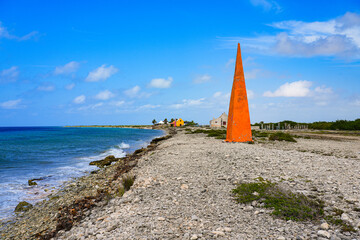 Orange Obelisk, a historic navigational marker and slavery memorial on the Bonaire Coast in the...