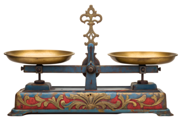 Antique brass balance scale with ornate blue and gold detailing, symbolizing justice, fairness, and measurement in a vintage aesthetic