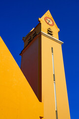 Bell gable of San Bernardo Catholic Church in Kralendijk on Bonaire island in the Caribbean...