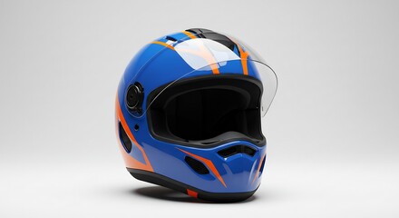 鮮やかな青とオレンジのストライプが映えるモダンなバイク用フルフェイスヘルメット 均一なスタジオ照明で光沢が美しく際立つ. AI Generated