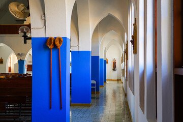 Aisle of the San Bernardo Catholic Church in Kralendijk on Bonaire island in the Caribbean...