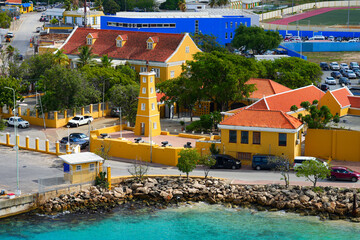 Aerial view of Fort Oranje and Lighthouse in Kralendijk, Bonaire - 17th century Dutch fortification...