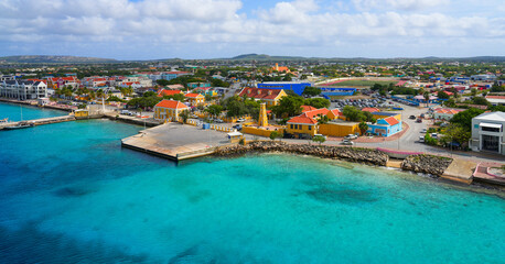 Aerial view of Fort Oranje and Lighthouse in Kralendijk, Bonaire - 17th century Dutch fortification...