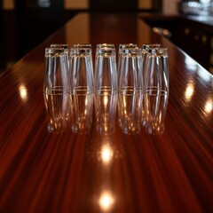 A row of empty clear drinking glasses neatly arranged on a shiny wooden bar counter.