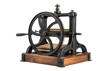 Antique printing press with large gear and wooden base, showcasing historical craftsmanship and industrial heritage