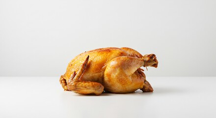 明るく柔らかな光が均一に降り注ぎ焼きたての丸ごとローストチキンが黄金色に輝くジューシーな肉とパリパリの皮が食欲を刺激し白い背景で美しく映える特別なメインディッシュ. AI Generated