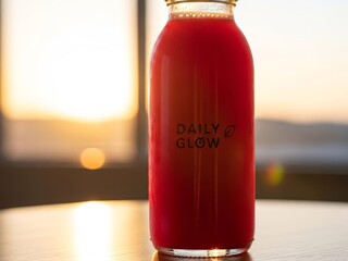 A clear glass bottle of vibrant red juice with a 'DAILY GLOW' label, set against a warm, blurred sunset background.