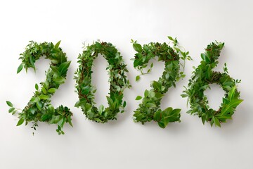 2020 Green Floral Typography on White Background - Eco-Friendly New Year Concept with Foliage