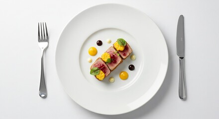 白皿に美しく盛り付けられた炙りマグロの刺身鮮やかな色彩と繊細な盛り付けが食欲をそそる上質な料理を上品な光が引き立てる. AI Generated