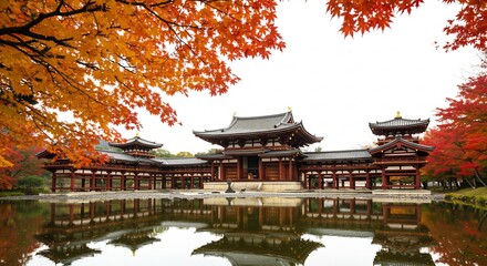 柔らかな光に包まれた日本の歴史ある古刹が色彩豊かな紅葉の木々に囲まれ静かな水面に美しく完璧に映り込む悠久の時を感じさせる秋の絶景. AI Generated