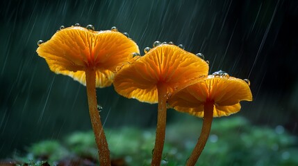 Three vibrant orange mushrooms glistening with raindrops in a forest setting