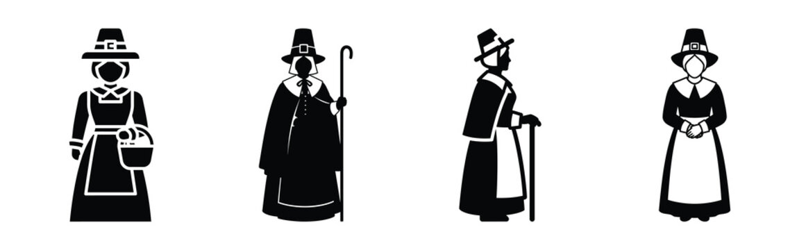 pilgrim woman silhouette icon vector set