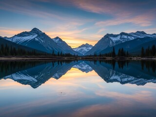 Majestic mountain range with snow-capped peaks perfectly reflected in a calm lake at sunrise, showcasing a vibrant sky with warm and cool hues.