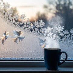 A blue mug with steam on a frosty window sill, showcasing intricate ice patterns and a soft outdoor light.