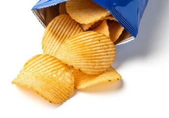 Ridged Potato Chips Spilling from Open Snack Bag