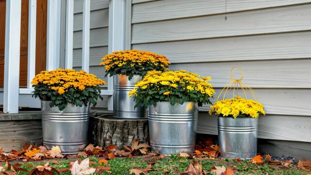 Yellow flowers in metal buckets create a charming autumn display near a wooden entrance surrounded by fallen leaves