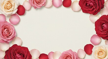 柔らかい光が彩る赤とピンクのバラの花びらが優しく囲むフレーム 淡い色彩が美しいロマンチックな背景. AI Generated