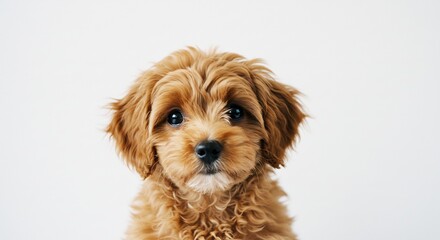 温かい柔らかな光に包まれた白い背景でふわふわの茶色い子犬がカメラをじっと見つめる可愛らしい瞳とその純粋な表情が心を優しく癒すポートレート. AI Generated